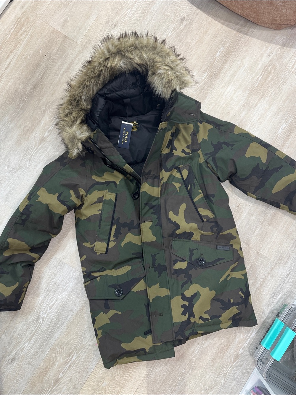 Polo by Ralph Lauren Green Camouflage Puffer Jacket with Faux Fur Trim